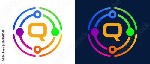 Modern letter “Q” logo with colorful circular connection elements, representing digital technology, network connectivity, innovation, and smart systems.
