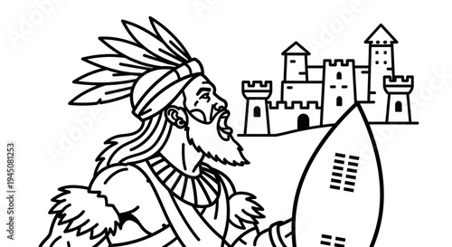 African Warrior with Shield and Castle Illustration