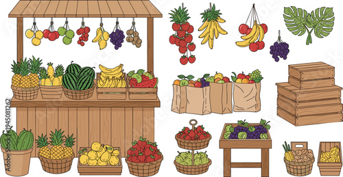 Farmers market fruit stall collection with bananas pineapple watermelon baskets crates fresh produce vector illustration set