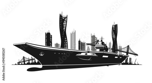 Aircraft Carrier Silhouette Against Futuristic City Skyline and Bridges