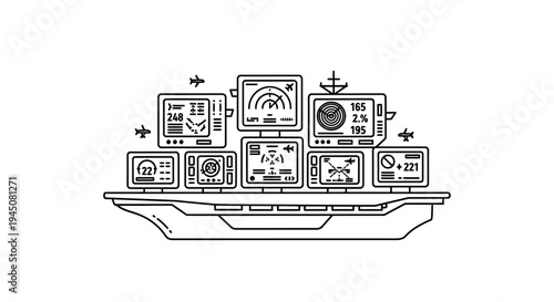 Aircraft Carrier Flight Deck Control Panel with Multiple Displays and Aircraft Icons