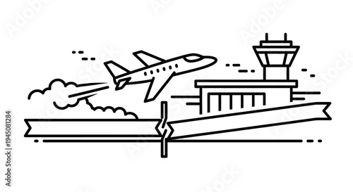 Airplane taking off from airport runway with control tower and smoke trails