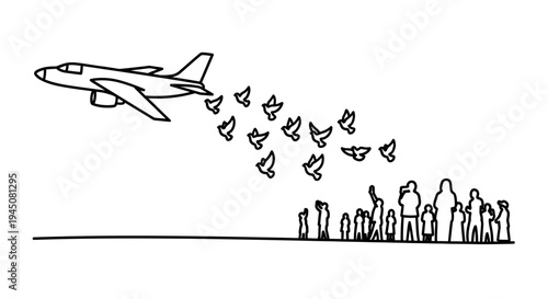 Airplane Releasing Doves Over Crowd, Symbolizing Peace, Hope, and Freedom