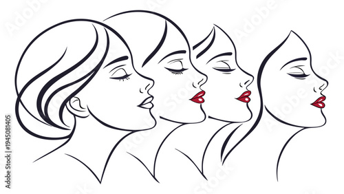 Four stylized female profiles in a minimalist linear design