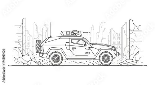 Armored Military Vehicle in Ruined City Landscape Line Art