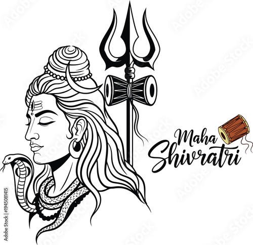 lord shiva profile with trishula and damru line art for Maha Shivratri festival vector