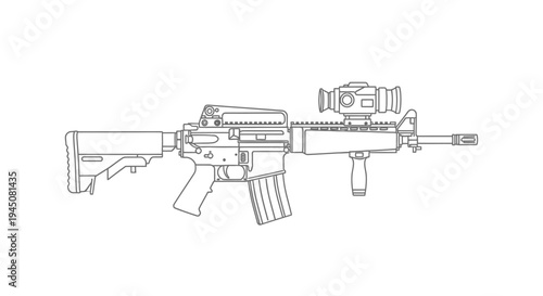 Assault Rifle Line Drawing with Red Dot Sight and Foregrip
