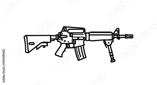 Assault Rifle with Bipod - Line Art Illustration