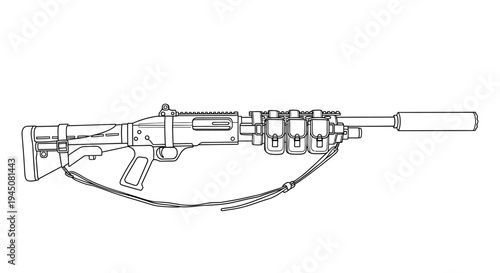 Assault Rifle with Suppressor and Magazine Pouch, Military Weapon Illustration