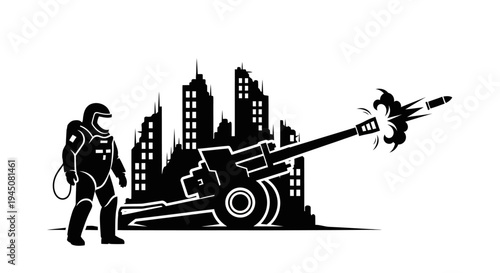 Astronaut Standing Next to Giant Cannon Firing Rocket at Ruined City Silhouette