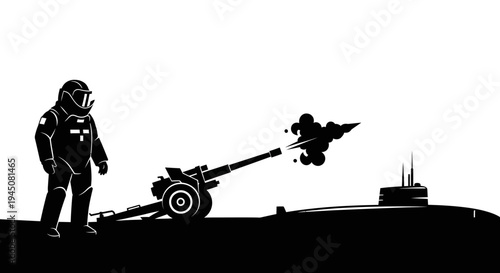 Astronaut firing cannon from submarine, sci-fi warfare concept
