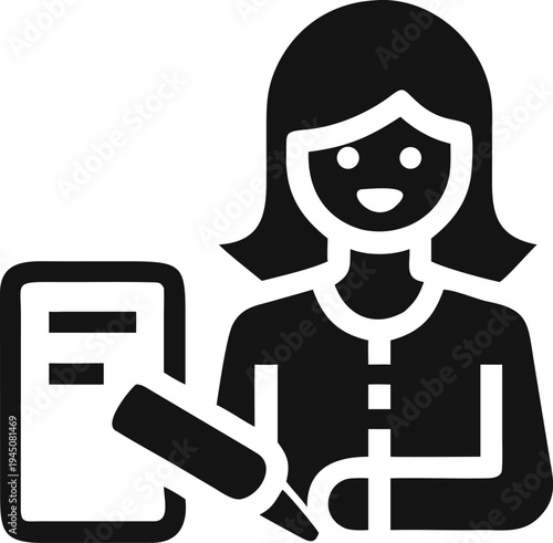 Professional woman smiles while taking notes on a clipboard with a pen, representing administrative tasks