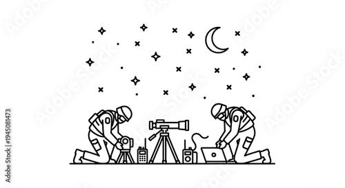 Astronauts Setting Up Telescope for Night Sky Observation Under Moon and Stars