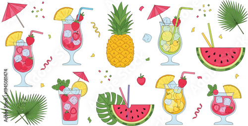Tropical summer cocktails and fruits collection with pineapple watermelon strawberry drinks refreshing beverage vector illustration set