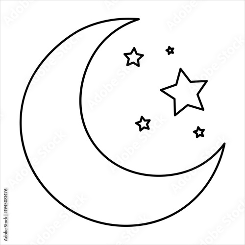 A simple black and white line drawing of a crescent moon surrounded by several stars of varying sizes, evoking a sense of nighttime and celestial beauty.