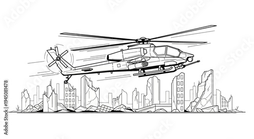 Attack helicopter flies over destroyed city ruins, war aftermath, military concept