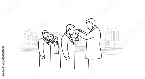 Award Ceremony: Man Receiving Medal from Official in Formal Attire, Outdoor Setting