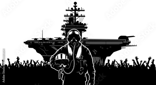 Fighter Pilot Standing In Front Of Aircraft Carrier With Crowd Cheering
