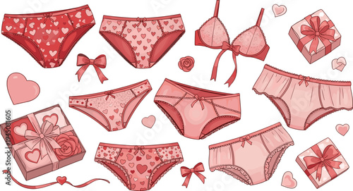 Romantic women lingerie collection with heart pattern panties bra gift boxes valentine love fashion vector illustration set