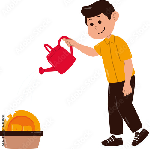 Hand Holding Watering Pot Growing Money Tree