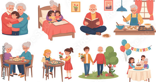 Happy grandparents spending time with grandchildren family activities reading cooking playing celebrating together cartoon vector illustration set