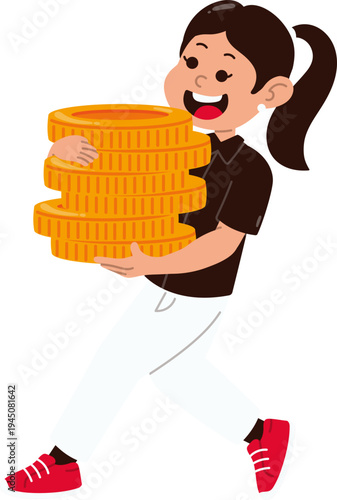 Smiling Girl Gets Profit from Coin Investment