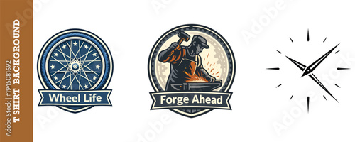 Creative vintage logo design collection featuring wheel and blacksmith themes for industrial and mechanical businesses isolated on transparent background