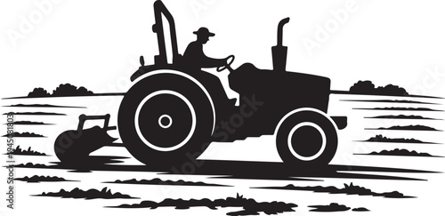 Black silhouette of man driving tractor with plow in field