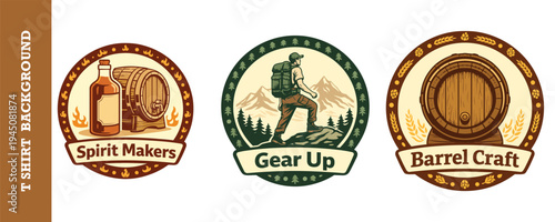 Creative vintage logo designs for outdoor adventure and craft alcohol brands featuring hiking and brewing elements