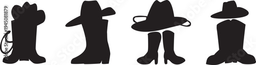 Collection of silhouettes of Wild West Cowboy Hat and Boots with Lasso, isolated on white transparent background.