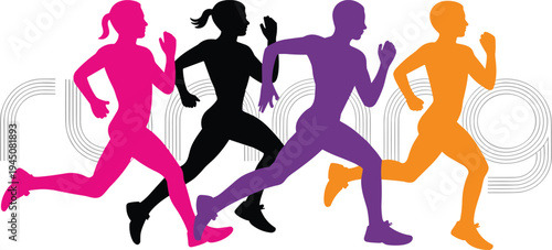 Colorful running silhouettes in dynamic stride poses, fitness sports illustration design, motion energy artwork with text background typography, flat vector