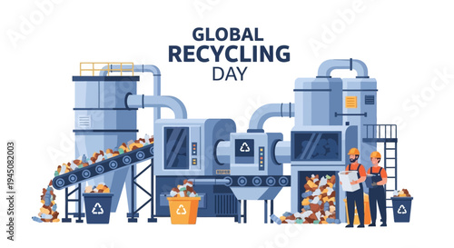 Illustration of industrial recycling facility with workers on Global Recycling Day, promoting eco-friendly waste management and sustainable practices.