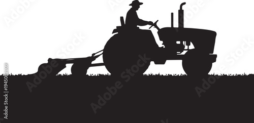 Black silhouette of man driving tractor with plow through grass