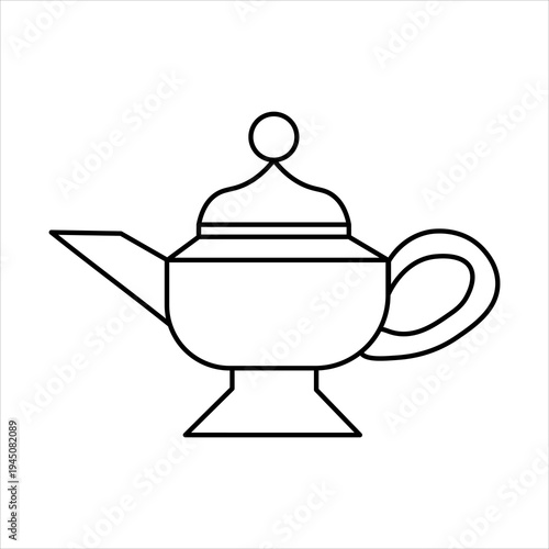 A simple black and white line drawing of a classic Aladdin's magic lamp, a mythical object associated with genies and wishes.
