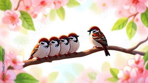 Two baby birds perched on a delicate branch amidst blooming flowers