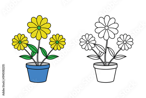 Children's coloring book page featuring a potted plant with three yellow daisy flowers