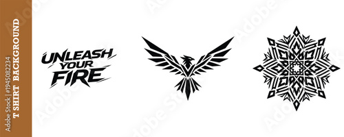 Stylish modern graphic design featuring a fierce eagle logo and intricate snowflake pattern with bold text unleash your fire