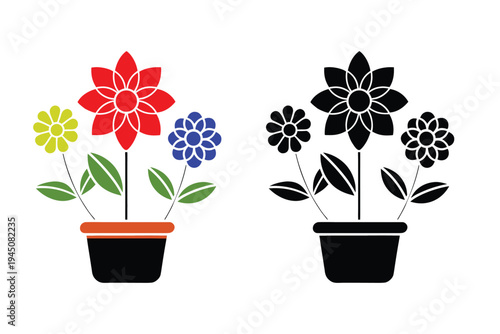 illustration of colorful and black silhouette flowers in a pot isolated on white background