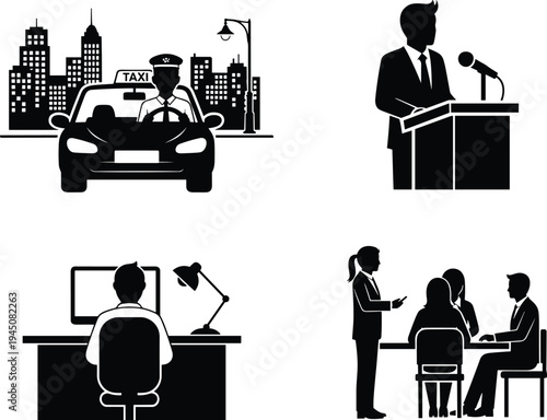 Business and professional life icons set, including taxi driver, public speaker, office worker, and corporate meeting, black silhouette vector illustration.