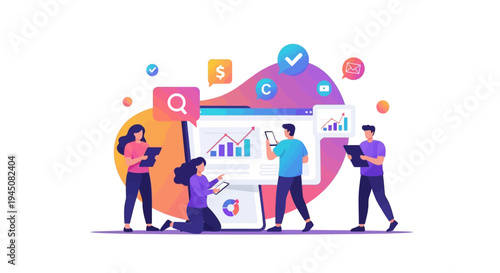 A colorful illustration of a diverse group of Gen Z people analyzing data on a large screen with various marketing and business icons floating around them, conveying a productive and
