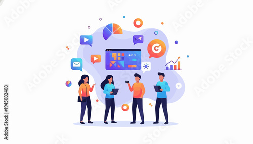 Illustration of a diverse group of Gen Z people collaborating on a colorful design project with innovative ideas and marketing strategies.