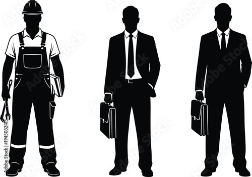 Professional worker silhouettes including a construction builder in overalls and two businessmen in suits with briefcases, industrial and corporate employment career vector illustration.