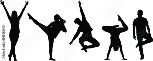 Active people silhouettes performing dance, karate, yoga, and gymnastics, set of energetic human figures in motion vector illustration for sports.