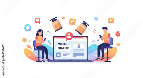 Colorful illustration of a young man and woman sitting with a laptop, surrounded by social media icons and design elements on a white background, conveying a business and marketing concept.