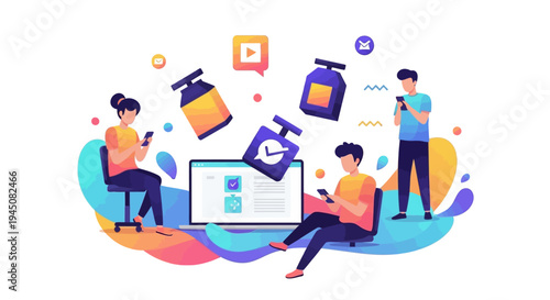 A colorful illustration of a productive team collaborating on a marketing project with a laptop and icons, conveying innovation and ideas in a business setting with a joyful mood.