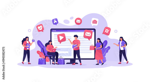 A colorful illustration of a diverse group of Gen Z people collaborating on a large computer screen with social media icons, conveying a productive and innovative mood with a design