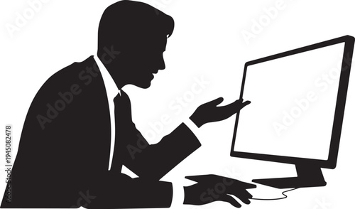 Black silhouette of man in suit looking at computer screen