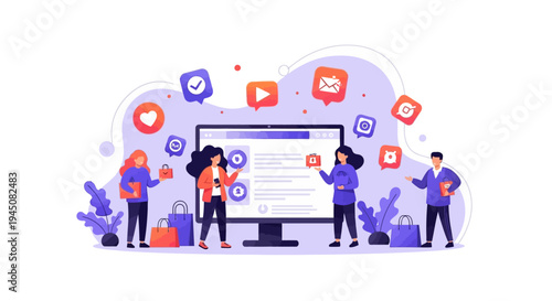 A colorful illustration of a diverse group of Gen Z people interacting with social media icons and a large computer screen in a modern, productive workspace with a banner background.