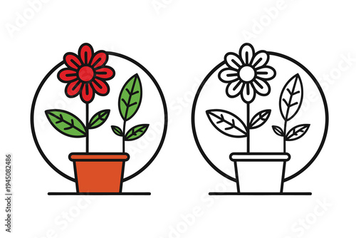 A simple illustration of a red flower in a brown pot next to its line art version