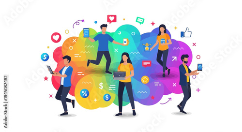 Illustration of a diverse group of Gen Z people representing innovation and marketing concepts with colorful design elements and icons on a vibrant background.
